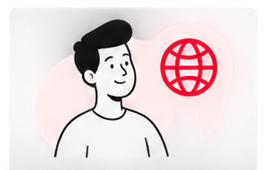 Friendly person beside a globe icon
